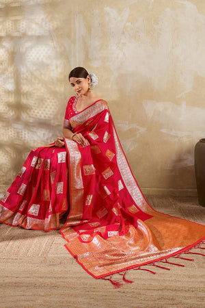 Red Woven Silk Blend Saree (ACA7151)