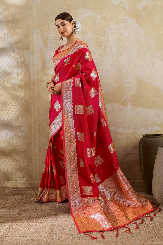 Red Woven Silk Blend Saree (ACA7151)