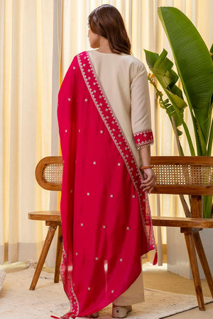 Cream Sequin with Embroidered Silk Blend Kurti Pant Set (ACA7154)