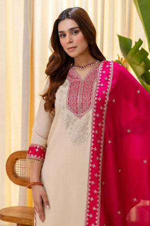 Cream Sequin with Embroidered Silk Blend Kurti Pant Set (ACA7154)