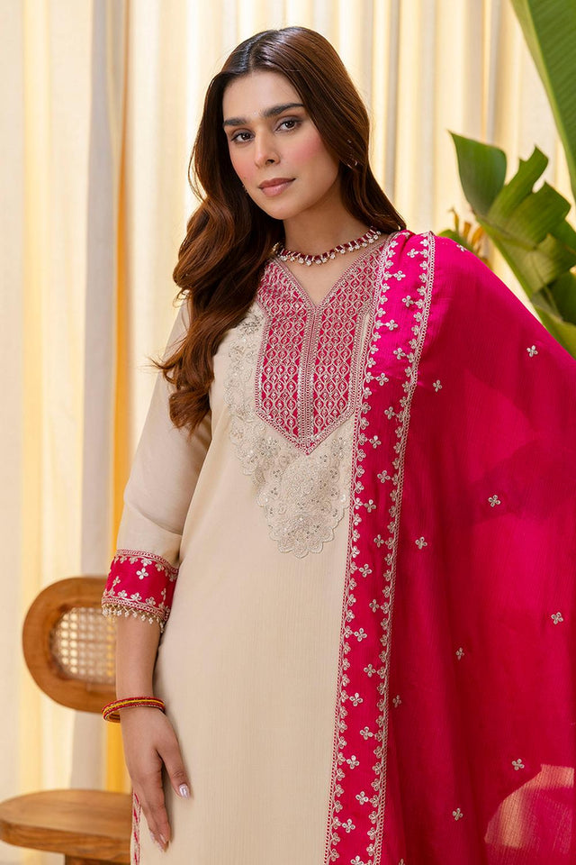 Cream Sequin with Embroidered Silk Blend Kurti Pant Set (ACA7154)