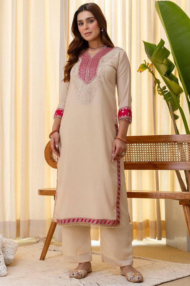 Cream Sequin with Embroidered Silk Blend Kurti Pant Set (ACA7154)