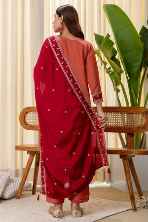 Peach Sequin with Embroidered Silk Blend Kurti Pant Set (ACA7155)