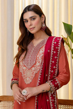 Peach Sequin with Embroidered Silk Blend Kurti Pant Set (ACA7155)