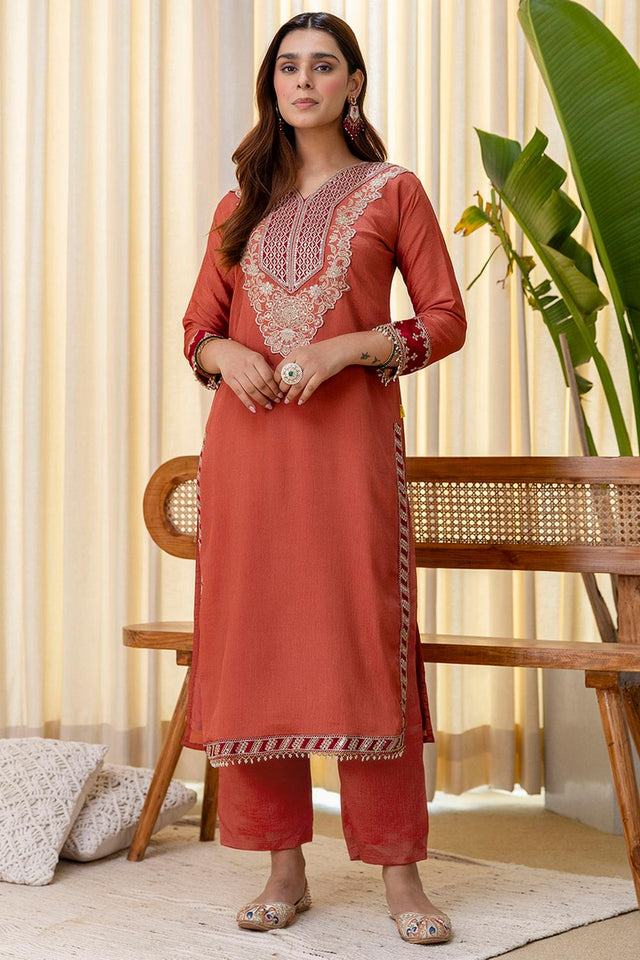 Peach Sequin with Embroidered Silk Blend Kurti Pant Set (ACA7155)