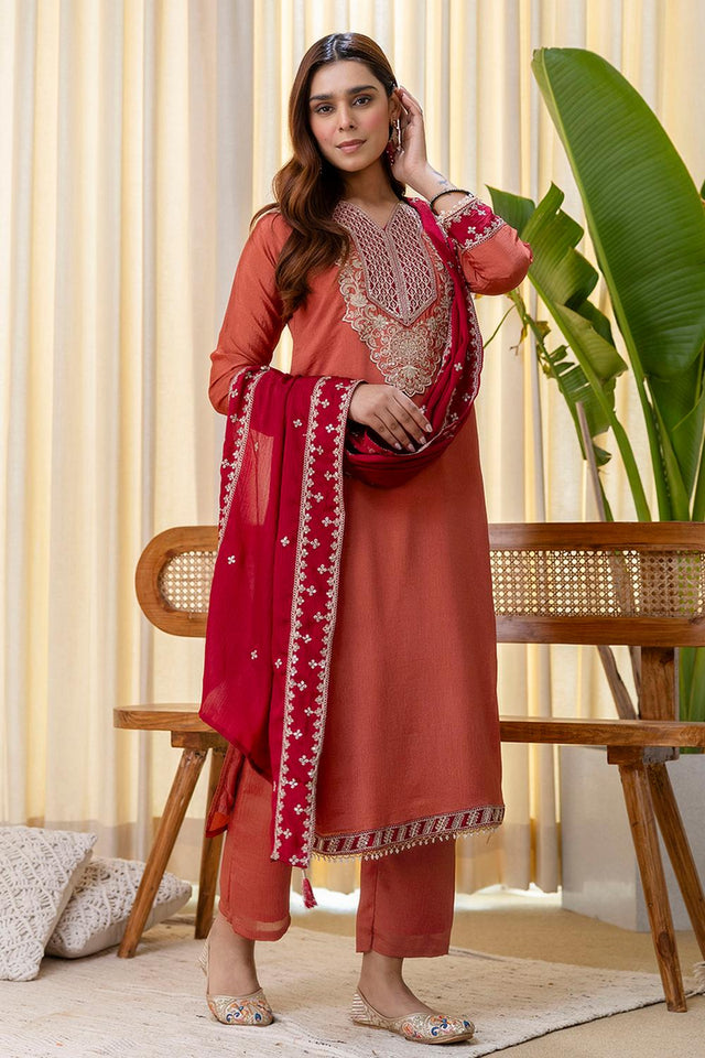 Peach Sequin with Embroidered Silk Blend Kurti Pant Set (ACA7155)