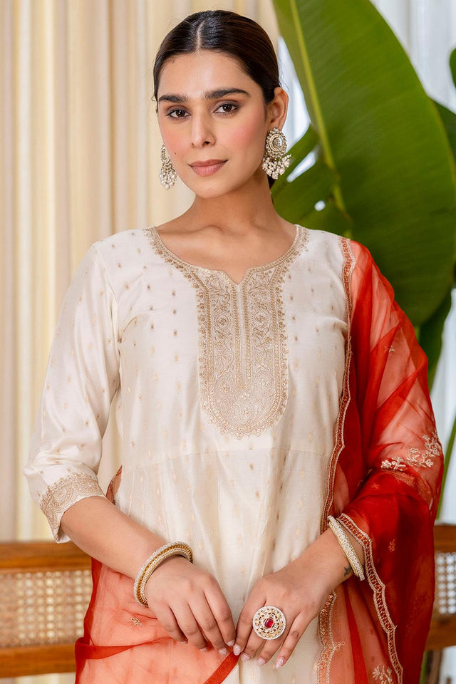 Cream Embroidered Silk Blend Anarkali Suits (ACA7156)