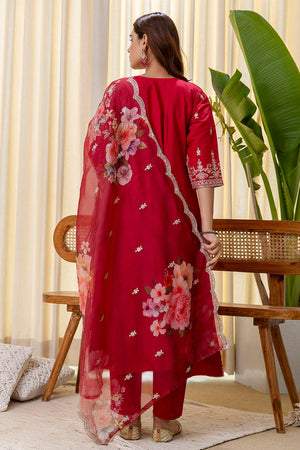 Red Floral Embroidered Silk Blend Anarkali Suits (ACA7157)