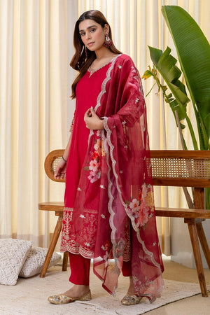 Red Floral Embroidered Silk Blend Anarkali Suits (ACA7157)