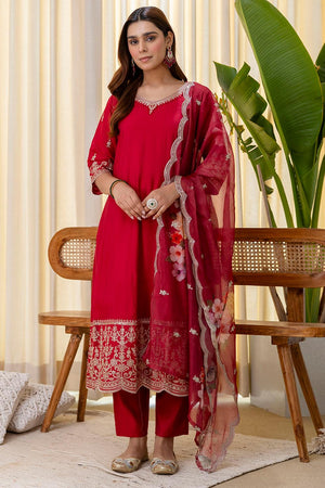 Red Floral Embroidered Silk Blend Anarkali Suits (ACA7157)