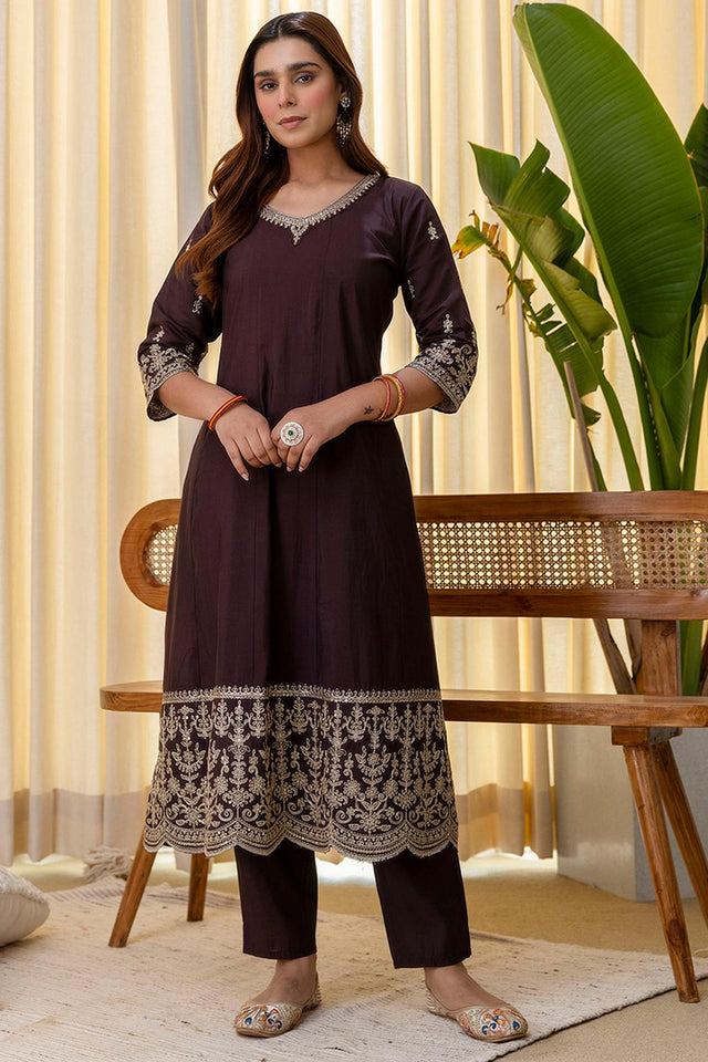Brown Floral Embroidered Silk Blend Anarkali Suits (ACA7158)