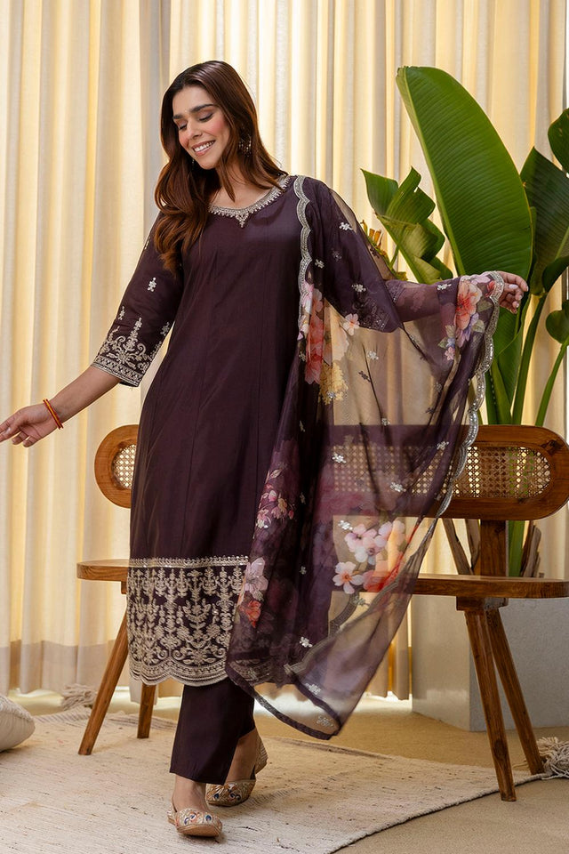 Brown Floral Embroidered Silk Blend Anarkali Suits (ACA7158)