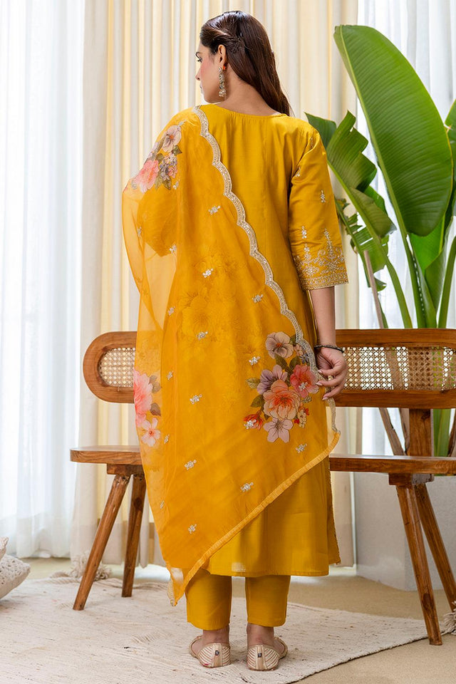 Mustard Floral Embroidered Silk Blend Anarkali Suits (ACA7160)