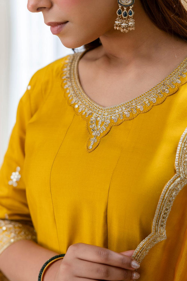 Mustard Floral Embroidered Silk Blend Anarkali Suits (ACA7160)