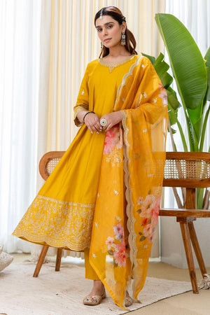 Mustard Floral Embroidered Silk Blend Anarkali Suits (ACA7160)