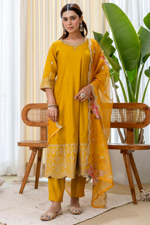 Mustard Floral Embroidered Silk Blend Anarkali Suits (ACA7160)