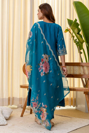 Turquoise Floral Embroidered Silk Blend Anarkali Suits (ACA7161)