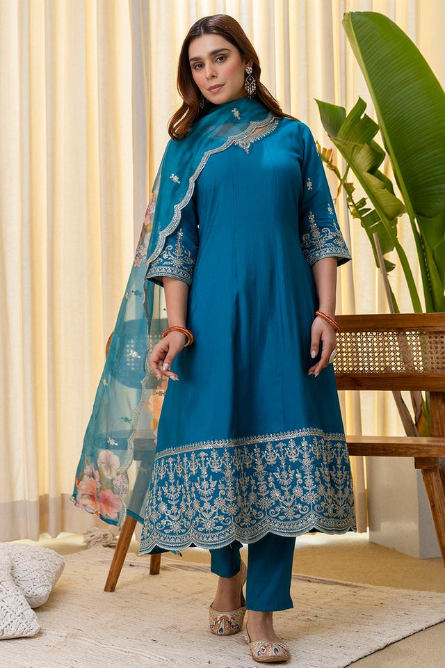 Turquoise Floral Embroidered Silk Blend Anarkali Suits (ACA7161)