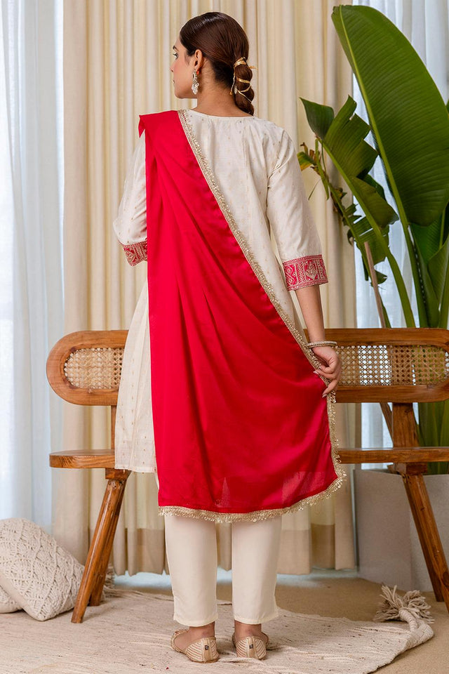 Off White Embroidered Silk Blend Anarkali Suits (ACA7162)