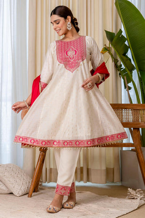 Off White Embroidered Silk Blend Anarkali Suits (ACA7162)