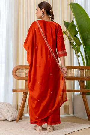 Rust Embroidered Silk Blend Kurti Pant Set (ACA7163)