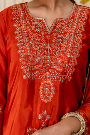 Rust Embroidered Silk Blend Kurti Pant Set (ACA7163)