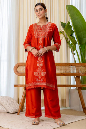 Rust Embroidered Silk Blend Kurti Pant Set (ACA7163)