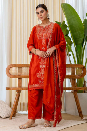 Rust Embroidered Silk Blend Kurti Pant Set (ACA7163)