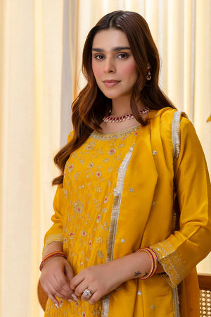 Mustard Floral Embroidered Silk Blend Palazzo Suits (ACA7164)