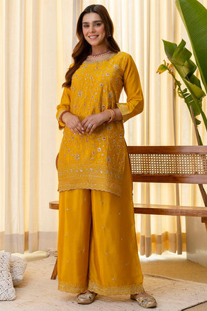 Mustard Floral Embroidered Silk Blend Palazzo Suits (ACA7164)
