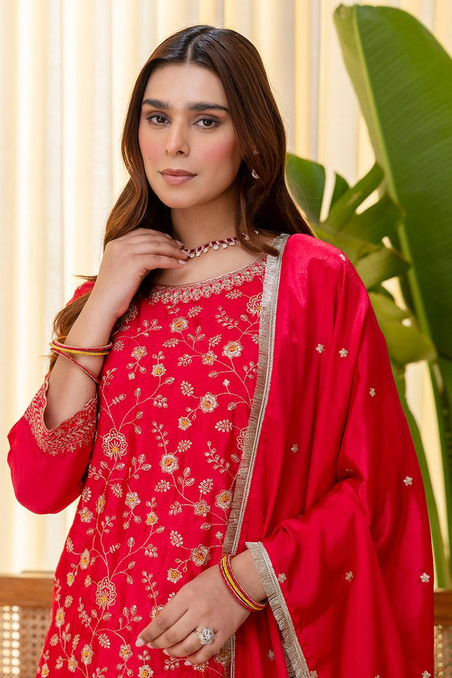 Pink Floral Embroidered Silk Blend Palazzo Suits (ACA7165)