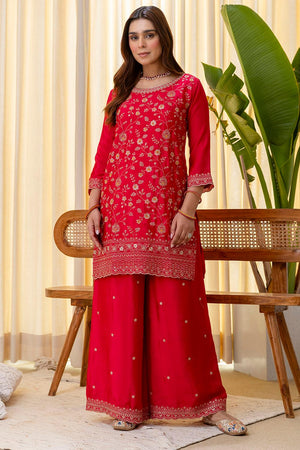 Pink Floral Embroidered Silk Blend Palazzo Suits (ACA7165)