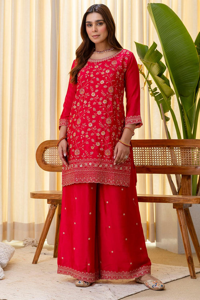 Pink Floral Embroidered Silk Blend Palazzo Suits (ACA7165)