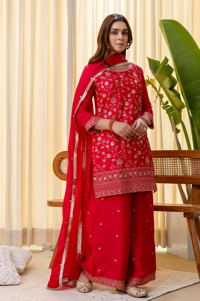Pink Floral Embroidered Silk Blend Palazzo Suits (ACA7165)