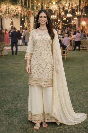 Off White Floral Embroidered Georgette Palazzo Suits (ACA7180)