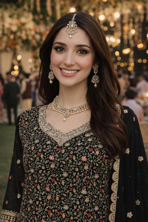 Black Floral Embroidered Georgette Palazzo Suits (ACA7181)