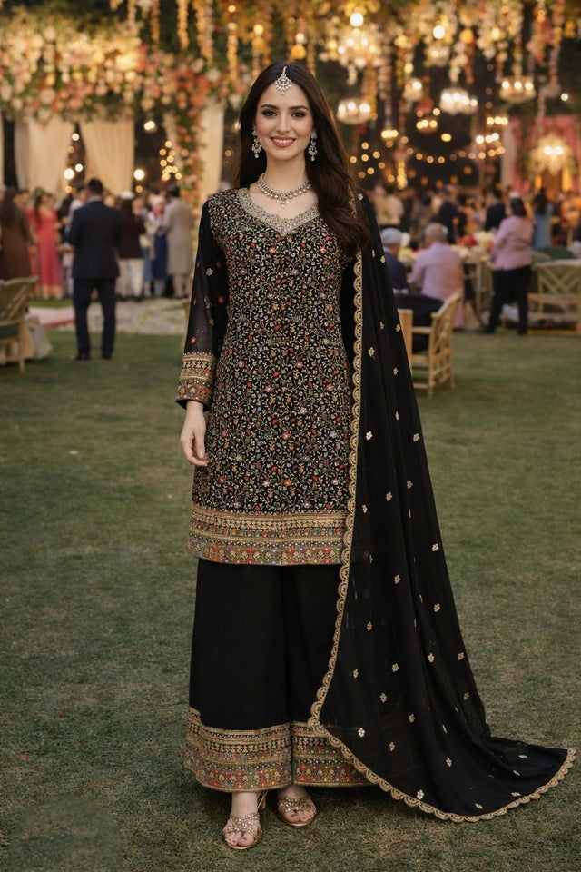 Black Floral Embroidered Georgette Palazzo Suits (ACA7181)