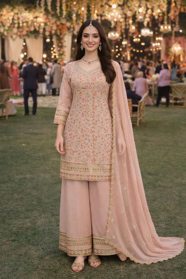 Pink Floral Embroidered Georgette Palazzo Suits (ACA7182)