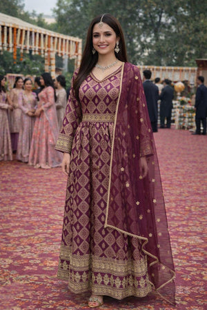 Wine Woven Designer Viscose Gown (ACA7184)