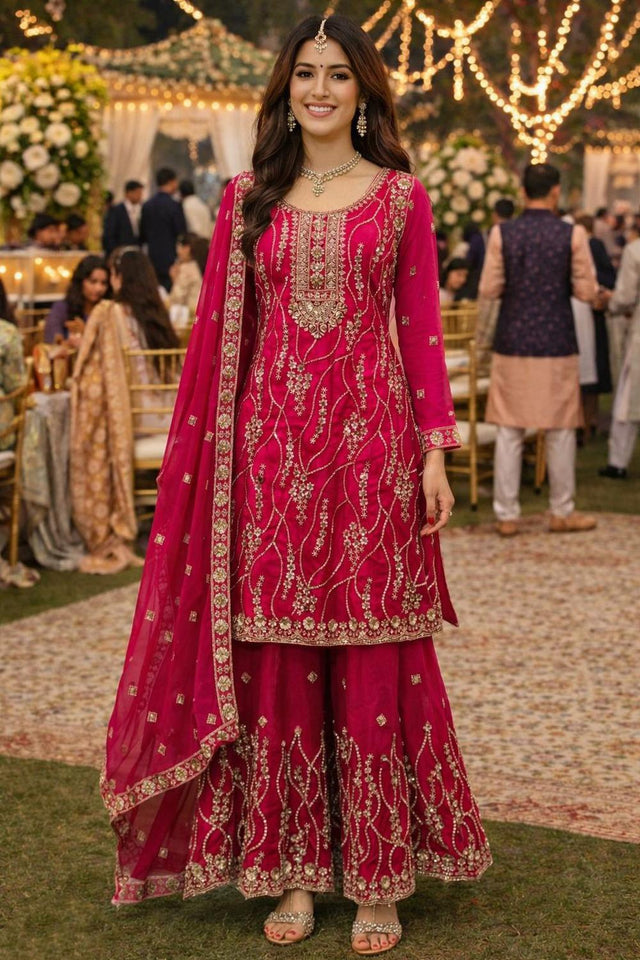 Pink Beads with Sequin Embroidered Silk Sharara Suits (ACA7185)