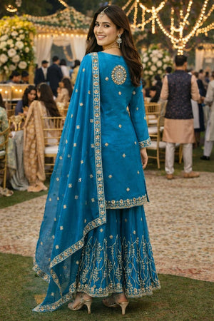 Turquoise Beads with Sequin Embroidered Silk Sharara Suits (ACA7186)