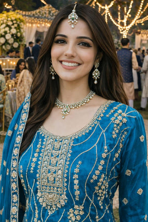 Turquoise Beads with Sequin Embroidered Silk Sharara Suits (ACA7186)