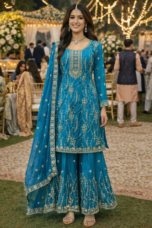 Turquoise Beads with Sequin Embroidered Silk Sharara Suits (ACA7186)