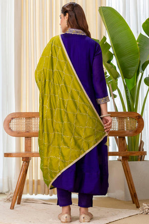 Violet Floral Embroidered Silk Blend Kurti Pant Set (ACA7187)