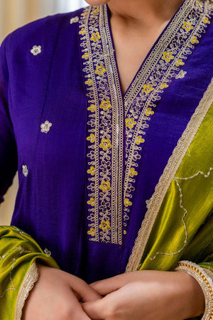 Violet Floral Embroidered Silk Blend Kurti Pant Set (ACA7187)