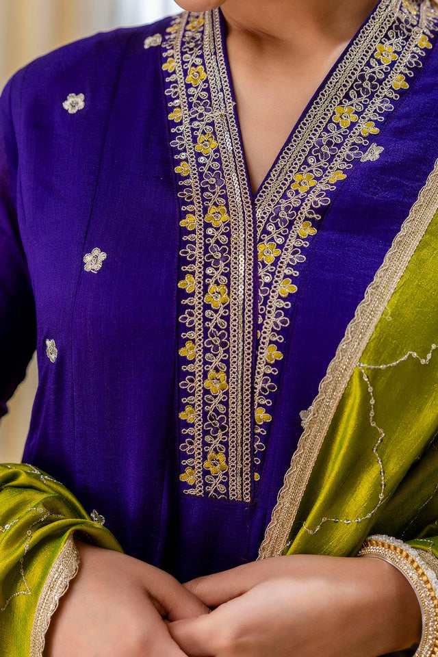 Violet Floral Embroidered Silk Blend Kurti Pant Set (ACA7187)