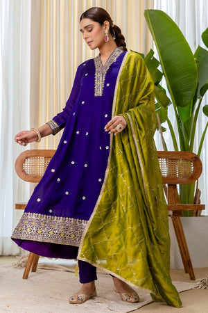 Violet Floral Embroidered Silk Blend Kurti Pant Set (ACA7187)