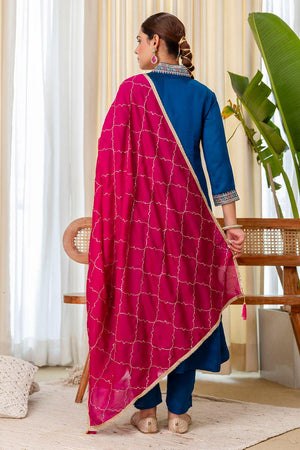 Turquoise Floral Embroidered Silk Blend Kurti Pant Set (ACA7188)