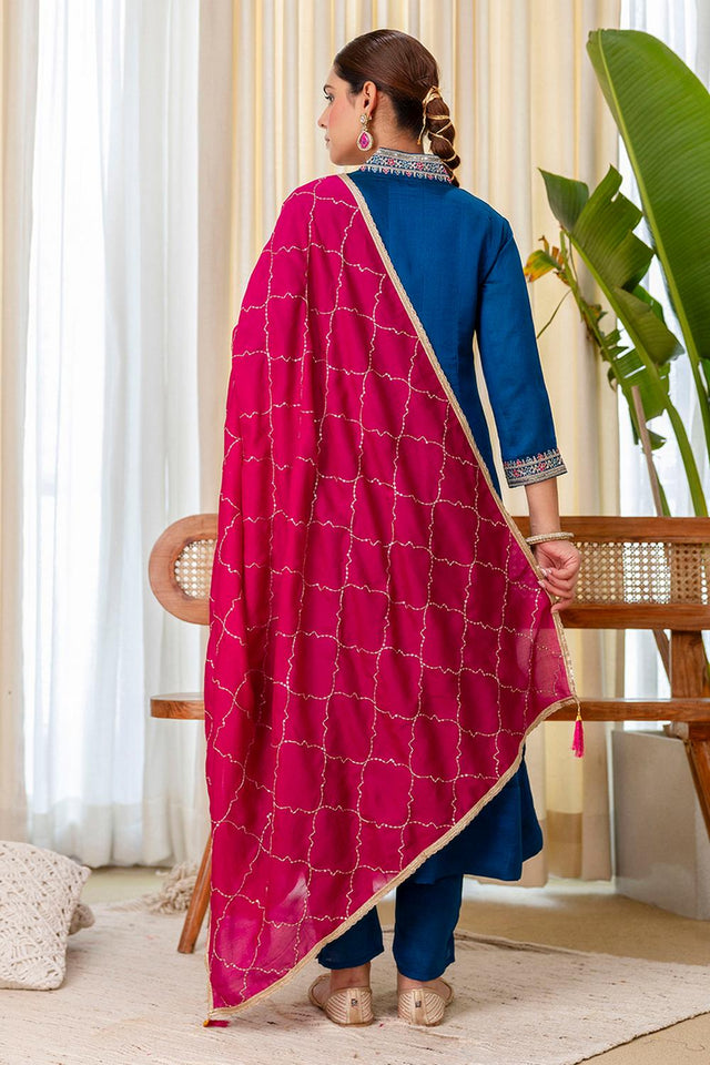 Turquoise Floral Embroidered Silk Blend Kurti Pant Set (ACA7188)