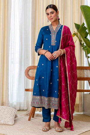 Turquoise Floral Embroidered Silk Blend Kurti Pant Set (ACA7188)
